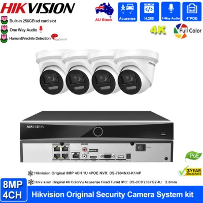 Hikvision 4K 4CH 4 PoE NVR 8MP CCTV System Kit Security IP Camera ColorVu Audio