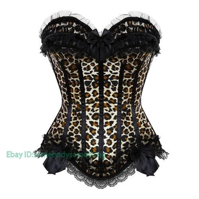 Sexy Satin Lace Overlay Corsets Bustiers Leopard Overbust Corselet Lingerie Top