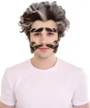 HPO Adult Men's Headmaster Dark Gray Wig with Mustache Set, Cosplay Wig, HM-1684