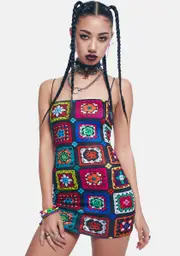 Retro Realness Crochet Print Mini Dress