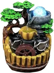 LWQCHW Mini Tabletop Fountain with LED Light, Bonsai Tree, and Water Wheel for Indoor Zen Decoration, 26cm Compact Design