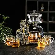 Zurucily Glass Teapot Set with Infuser Semi Automatic Dragon Tea Set with 6 Small Cups (Blue&Golden Dragon)