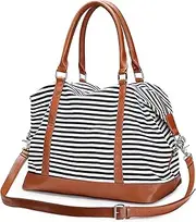 [S-ZONE] Women Travel Tote Canvas Weekender Bag Carryon Shoulder Duffel PU Leather Purse