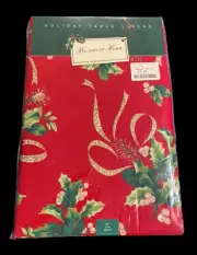 New Vtg Christmas 70” Round Tablecloth 100% Cotton Linen Holly Red Ribbons