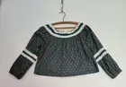 Luna Moon Crochet Boho Cropped Peasant Printed Long Sleeve Blouse Teal Size L