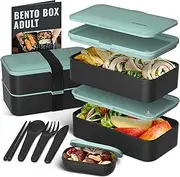 Bentoheaven Premium Bento Box Adult Lunch Box with 2 Compartments (1200ml), Cutlery & Set of Chopsticks, Large Dip Container, Cute Black Japanese Bento Box, Rectangle, Microwavable (Billie Green)
