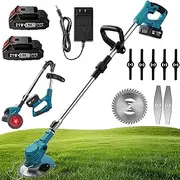 Cordless Strimmer, Foldable Grass Trimmer with 5 Plastic Knives 2 Flat Knife and Round Saw Blade, 2 * 24V Battery Powered, Weed Trimmer for Garden Clearing
