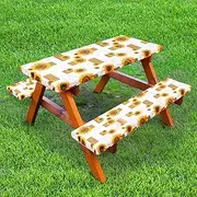 3 Pcs Sunflower Fitted Picnic Table Cover with Bench Covers, Waterproof Outdoor Bench Covers, Vinyl Picnic Tablecloth Elastic Tablecloths for Picnic Tables for Picnic Barbecue Outdoor Family Party