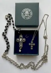 MVE Necklace Double Chain Silver toned-Black Beads-2 Crosses
