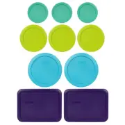 Pyrex Lid Covers (3) 7202 Green (3) 7200 Green (2) 7201 Blue (2) 7210 Purple