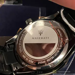 MASERATI手錶,編號R8873612016,46mm黑圓形精鋼錶殼,黑玫瑰金色三眼, 運動錶面,深黑色精鋼錶帶款