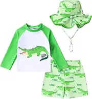 [Eaerobc] Toddler Baby Boy Swimwear Long Sleeve Rashguard Swimsuit with Sun Hat Cartoon Animal Bathing Suit, Crocodile, 12-18 Months