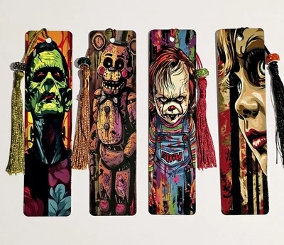 Classic Horror Metal Bookmarks with Tassle & Bead 1.5x6" Set #2 Frankenstein