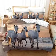 3D Running Horse White Sea Quilt Cover Set Bedding Set with Pillowcases, Single/Double/Queen/King Size (Double)