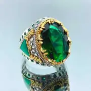 14Ct Oval Cut Simulated Emerald Men's Wedding Ring Sterling Silver 925