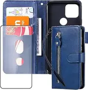 Compatible for Google Pixel 5 Zipper Flip Case [3 Card Slot+2 wallet][1& Wrist strap][kickstand] Magnetic Leather Shockproof with 1& Screen Protector,Blue