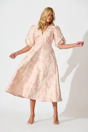 Women's Party Opulence Midi Dress Half Sleeve in Pink Blush with Gold Jacquard 8