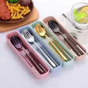 Stainless Steel Cutlery Set - Spoon Fork & Chopsticks with Wheat Box - Travel Se