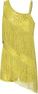 [FEESHOW] Kids Girls Sequins Tassels Latin Dance Dress Salsa Rumba Costume Ballroom Tango Skirted Leotard