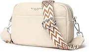 [YILCER] Crossbody Bag for Women, Small Genuine Leather Camera Handbag Wide Strap Ladies Cross Body Bag, Pom Pom Bags Crossover Shoulder Bags with Adjustable and Removable Guitar Strap