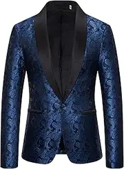 [DGHM-JLMY] Men Slim Fit Shawl Lapel Blazer Coat Regular Fit Suit Floral Blazer Jacket Business Jacquard Tuxedo Party Dinner, Royal Blue4, Medium