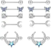 [XSDSLS] 5 Pairs Nipple Rings Set for Women,Stainless Steel Nipple Piercing,Cubic Zirconia Nipples Bar Tongue Rings Body Piercing Jewelry,Silver Barbell Nipplerings for Women Girls
