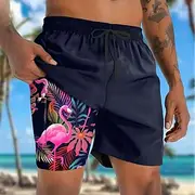 Men's Flamingo Bird Lined Shorts 2 in 1 Board Shorts Swim Shorts Mid Waist Hawaiian Vacation Holiday Beach Wear Side Pockets With Compression Liner Elastic Dra