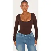 Shape Chocolate Built In Bra Sculpt Square Neck Long Sleeve Bodysuit, Chocolate