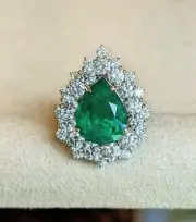 2.25Ct Paer Natural emerald Zambia diamond Ring 14K solid white gold