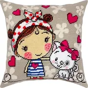 Brvsk A Girl and a Kitten. Needlepoint Kit. Throw Pillow 16×16 Inches. Printed Tapestry Canvas, European Quality