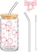 Auiremrti Elegant Bow Print Glass Bottle, 16 oz Glasses Set, Bow Glasses with Glass Straw and Stainless Steel Straw, Coquette Bow Design for Coffee, Cocktails and More