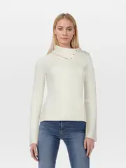 White Ribbed Buttoned Detail Turtleneck