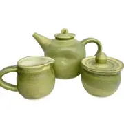 Studio Art Pottery Tea Set Teapot Sugar Bowl & Creamer Green G Lynt Glynt Signed
