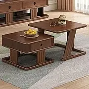 EKDJSN Nesting Coffee Table Set, Coffee Table Set of 2 with Concave Round Handle, Stacking Side with Drawer Closed Storage, for Small Space Square Table(Brown)