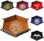Grajar 6 Pcs DND Dice Tray with Animals Pattern for RPG D&D Table Games - Folding PU Leather and Velvet Rolling Holder Storage Box