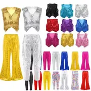 Girls Boys Sequins Sparkle Sweatpants Vest Hip Hop Jazz Street Dance Performance