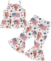 [FOCUSNORM] 4th of July Outfit Toddler Bell Bottoms Baby Girl Summer Clothes Off Shoulder Vest Tops Bell Bottom Pants