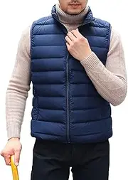 [Generic] Men's Stand Up Collar Thin Zipper Vest Warm Sleeveless Jackets for Outdoor Winter Casual Work Sports Travel, Navy Blue, Medium
