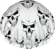 Halloween Themed Monochrome Skeleton Head Print Various Activities Shower Cap Reusable Soft And Lightweight Bath Hair Cap Long Hair