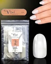 By Vixi 600 Pieces SHORT OVAL NAIL SET with FREE GLUE & PREP FILE, 10 Sizes – Opaque Express Full Cover False Fingernail Extensions for Salon Professionals & Home Use