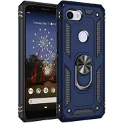 For Google Pixel 3a Case, Military Grade 360 Degree Rotating Metal Magnetic Ring Car Mount Holder Kickstand Shockproof Heavy Duty Cover (Navy Blue)
