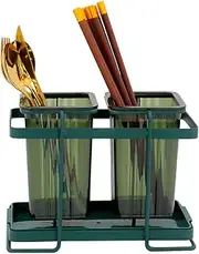FOREVERIE Cute Two-bottle Square Metal Cutlery Holder Drainer with Removable Water Dropping Tray, Kitchen Cutlery Drying Rack Holder for Spoons, Chopsticks, Forks etc. (Green)