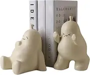 Decorative Bookends 2Pcs Expressive Pear-Shaped Cute Bookends with 1 Pushing Forward & 1 Sitting Down Milky White Ceramic Book Ends for Home, Office, School-