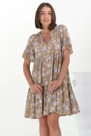 Abilia Mini Dress - Mandarin Collar Smock Dress in Ishaka Print Beige