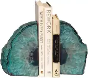 AMOYSTONE Teal Agate Bookends Geode Book Ends Heavy Duty Bookend Holder Decor wi