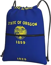 EdWal Oregon State Flag Print Drawstring Backpack Gym Bags Sports Bags With Zipper Pocket For Travel Swimming Beach, Black, One Size