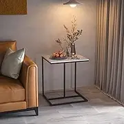 Marble Top Side Table Black: C Shape Sofa End Tables 45x39.5x52.5cm High Gloss Sintered Stone Marbles Tabletop with Black Metal Legs Couch Laptop Desk Bedside Tables for Living Room Home