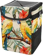 Car Trash Can with Lid and Storage Pockets Leak-Proof Organizer,Multipurpose Trash Bin for Car,Wood Leaves Flowers and Birds