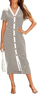 [BTFBM] Women Casual Summer Dresses Short Sleeve Striped Midi Dresses Decorative Button Ribbed Knit Dresses Party Dresses