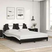 Modern Black and White Queen Size Faux Leather Bed Frame with Headboard, 152x203 cm, Platform Design